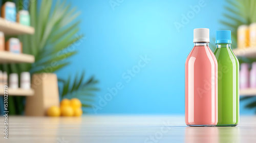 Two colorful bottles stand on a counter, with a vibrant blue background, highlighting refreshing beverages in a modern setting.