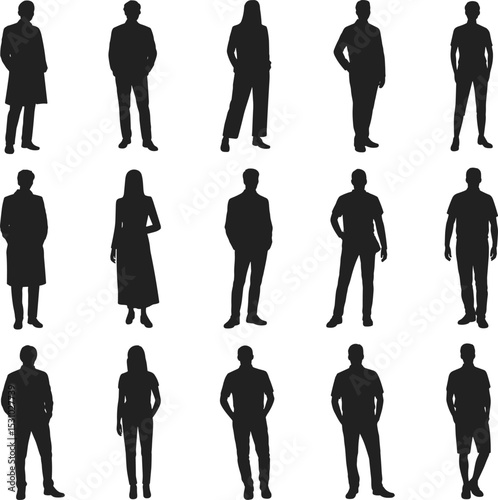 Set of male and female human silhouettes in various standing poses, isolated vector illustration on white background, casual and formal outfits