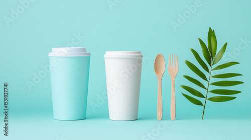 Two stylish coffee cups with wooden utensils and a green leaf against a soothing turquoise background.