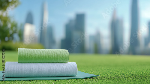 Two yoga mats rest on a green lawn with a blurred city skyline in the background, symbolizing wellness and urban tranquility.
