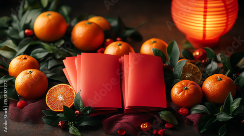 Vibrant arrangement of oranges and red decorations, evoking warmth and celebration, perfect for festive occasions.