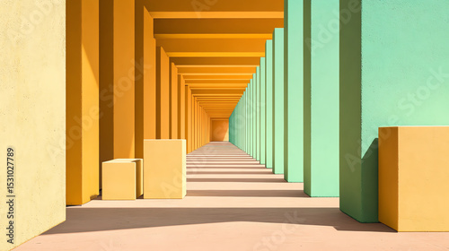 Vibrant geometric patterns of colored pillars create a captivating visual symphony of shapes and shadows in a modern architectural space.