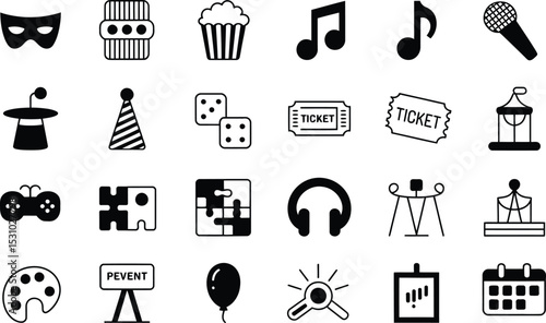 Collection of event celebration and entertainment icons in black and white