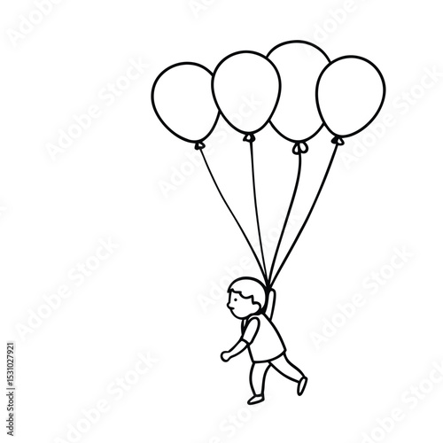 Child ascending with balloons vector illustration for joy and celebration in outline art