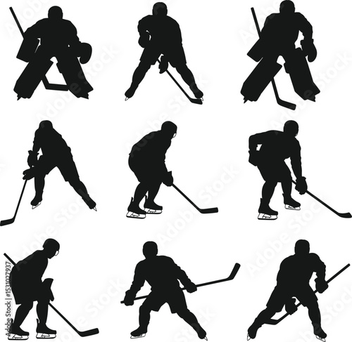 Set of ice hockey player silhouettes in action poses, isolated vector collection on white background, skating, goalie, stick handling scenes