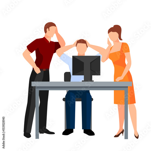 Frustrated team surrounding a colleague struggling with a computer issue