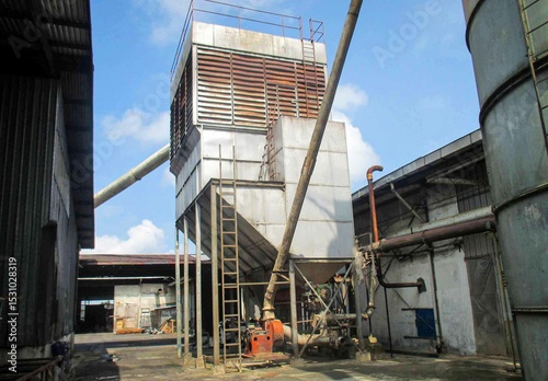 Decommissioned wood ply manufacturing plant, Industrial machineries and tools of Old Factory Facility, Rusty large industrial facilities