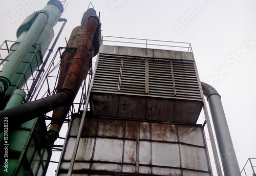 Decommissioned wood ply manufacturing plant, Industrial machineries and tools of Old Factory Facility, Rusty large industrial facilities
