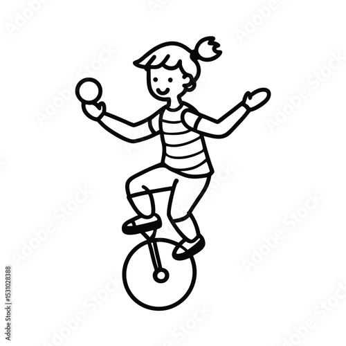 Cute outline art illustration of a girl juggling on a unicycle performing a circus act with joy