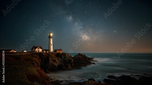 Long-exposure night sky image featuring a coastal lighthouse illuminated beneath swirling stars and serene darkness