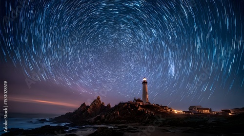 Long-exposure night sky image featuring a coastal lighthouse illuminated beneath swirling stars and serene darkness