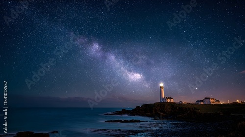 Long-exposure night sky image featuring a coastal lighthouse illuminated beneath swirling stars and serene darkness
