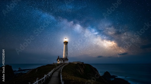 Long-exposure night sky image featuring a coastal lighthouse illuminated beneath swirling stars and serene darkness