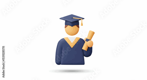 An illustration of a graduate in a blue graduation gown with diploma.