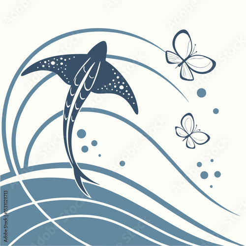 Blue Stingray Ocean Waves Abstract Art Butterflies
