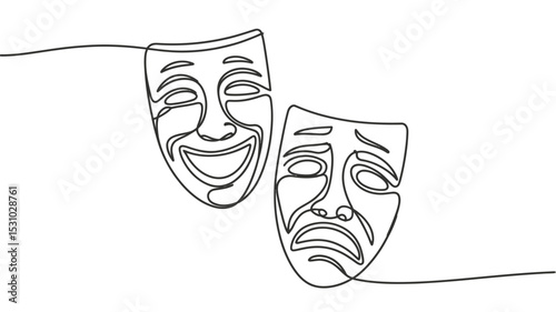 Continuous Line Drawing of Comedy and Tragedy Masks on White Background