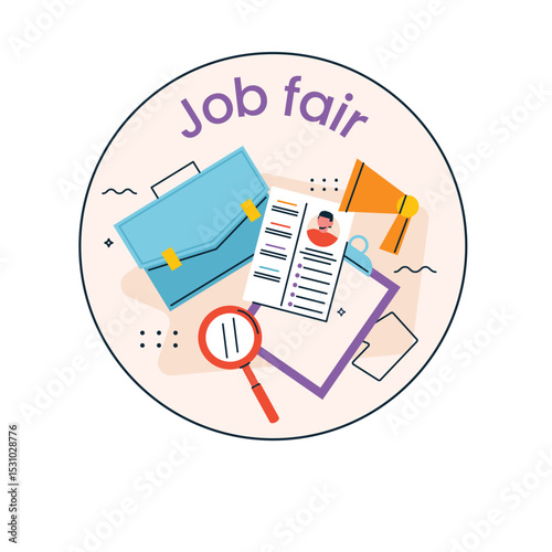 Job fair concept with business briefcase, resume, and megaphone illustration