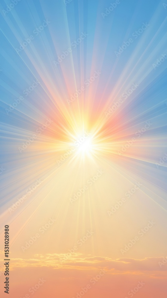 Fototapeta premium Radiant sunrise with bright sun rays bursting through pastel sky.