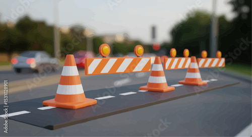 Traffic cones and barriers on the road, indicating a construction zone. 