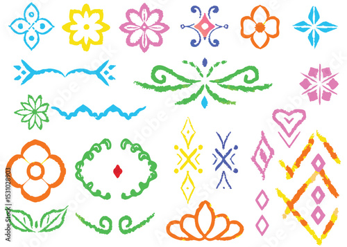 A vibrant set of colorful floral vector icons, symbols, and elements for web and nature-inspired designs