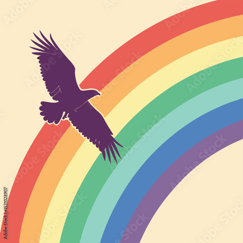 Purple Bird Silhouette Flying Over Pastel Rainbow Arc Background