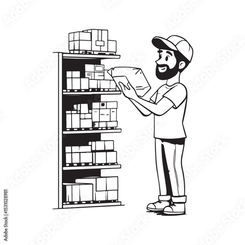 Vector illustration of a warehouse worker organizing and arranging goods in a storage area  isolated on white background.