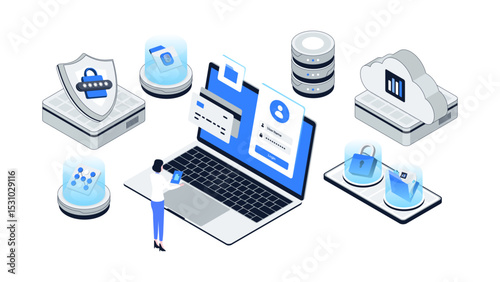 Isometric 3D Illustration of Woman Logging In for Personal Data Protection and Account Authentication.