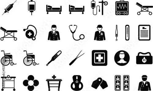 Medical and healthcare icons black silhouette illustration set collection