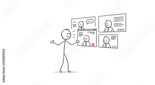 Stick Figure Presenting Video Conference with Smiling Participants.