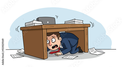 Terrified Businessman Hiding Under Desk During Earthquake Cartoon Illustration