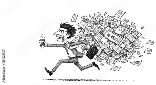 Overwhelmed Businessman Burdened by Papers, Running with Coffee