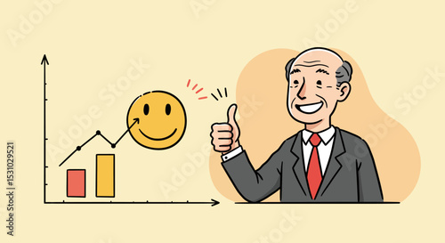 Cartoon Businessman Giving Thumbs Up with Smiley Face and Rising Graph