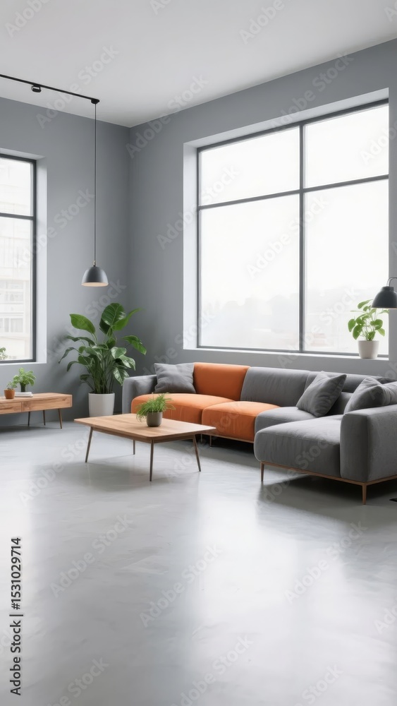 Fototapeta premium Modern Living Room with Gray and Orange Sofa, Large Windows, and Minimalist Decor
