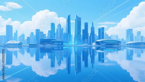 Futuristic Cityscape with Reflective Water and Modern Skyscrapers