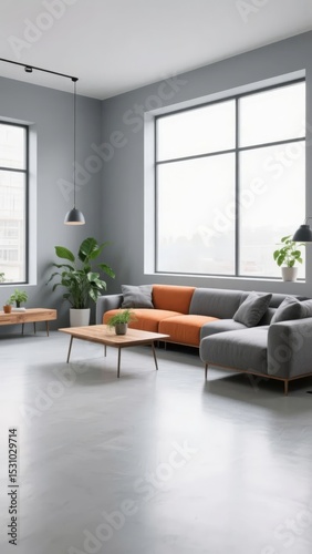 Modern Living Room with Gray and Orange Sofa, Large Windows, and Minimalist Decor