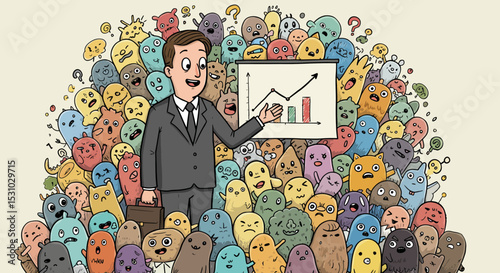 Animated Businessman Presenting Growth Chart to Crowd of Colorful Characters