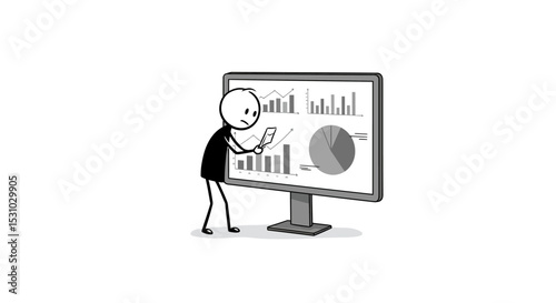 Concerned stick figure analyzing charts and graphs on a large computer screen