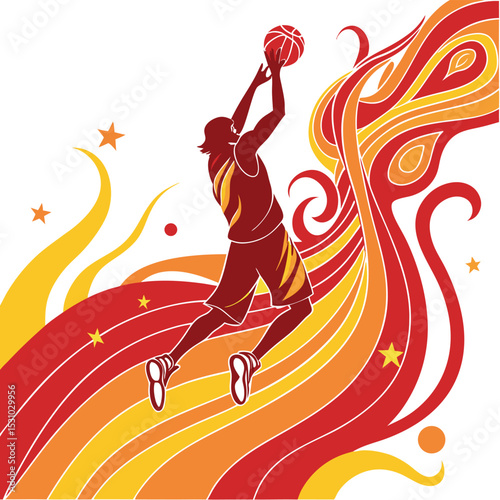 Basketball Player Silhouette Red Orange Yellow Flames