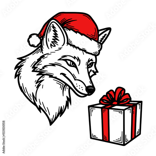 sly fox looking at a gift box, funny Happy New Year, Christmas sketch