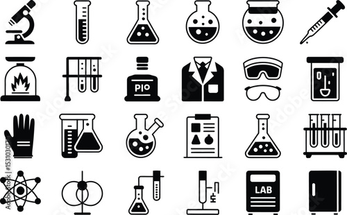 Black and white scientific equipment icons illustration of laboratory tools and instruments