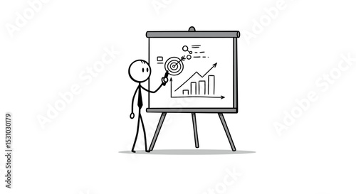 Stick Figure Presenter Explaining Business Growth Strategy on a Flip Chart