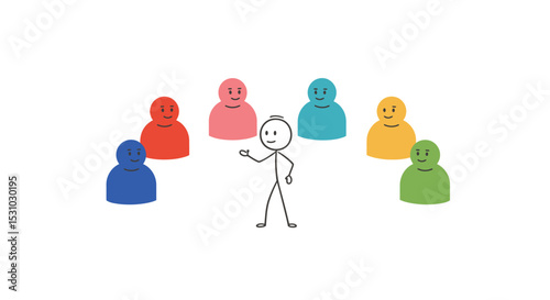 Stick Figure Leading Colorful People, Representing Teamwork and Collaboration.