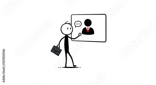 Simple Stick Figure Businessman in Video Conference