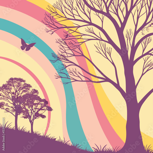 Pastel Rainbow Landscape Silhouette Trees Butterfly