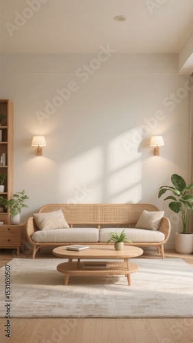 Minimalist Living Room with Wooden Sofa and Round Coffee Table