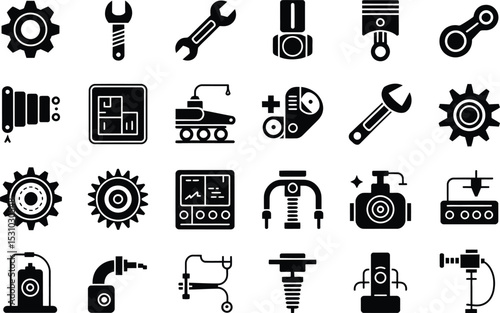 Collection of black and white machine tools and equipment icons