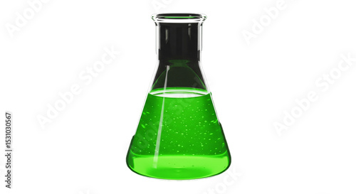 Green liquid in erlenmeyer flask science experiment chemistry research lab equipment laboratory glassware on transparent background