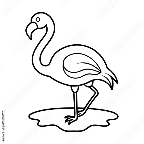 Outlien art illustration of a graceful flamingo wading in shallow water a simple black and white style