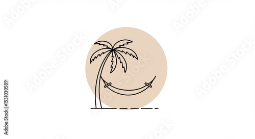 Minimalist Palm Tree Hammock: Beige Circle Backdrop, Line Art.