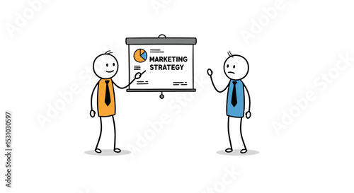 Stick Figures Presenting Marketing Strategy with Pie Chart and Disappointed Colleague